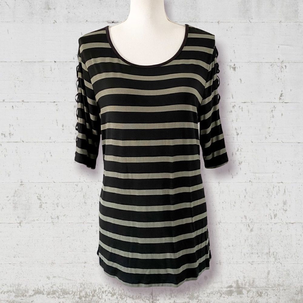 Striped Black and Olive Cutout Sleeve Women’s Top